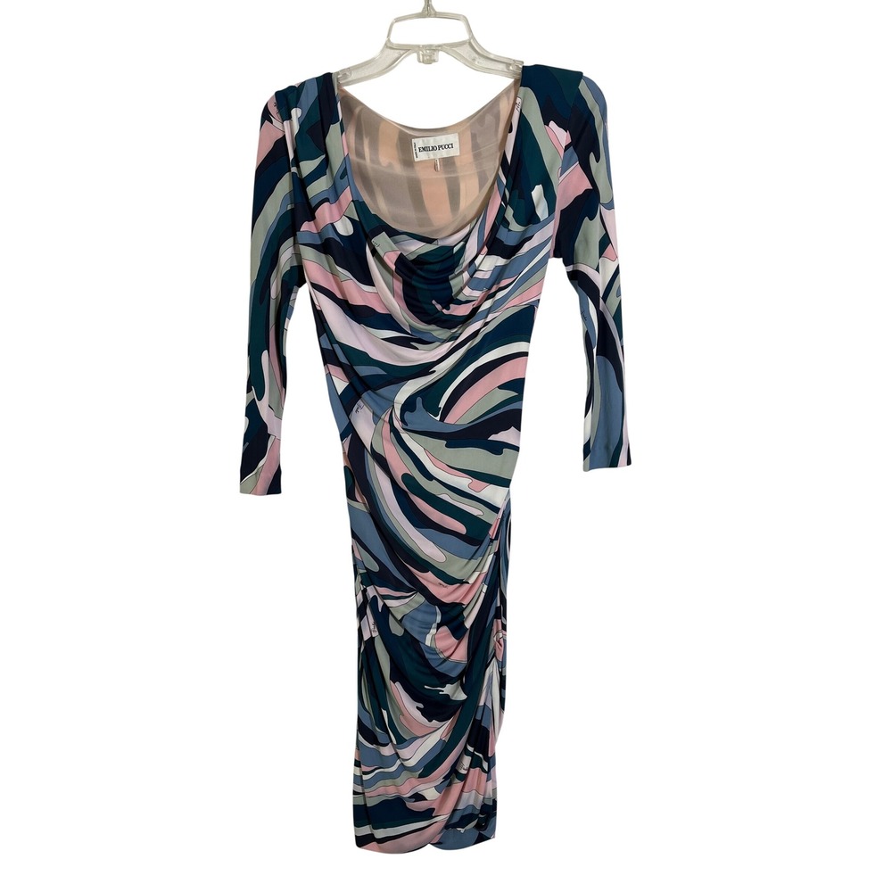 EMILIO PUCCI Draped Cowl Neck Ruched Abstract Print Long Sleeve Dress - Picture 3 of 16